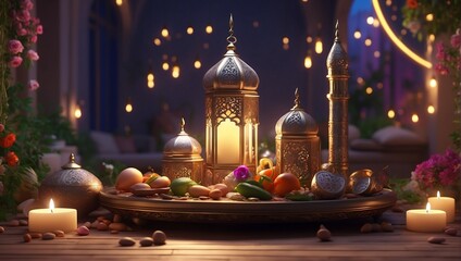 Illustration of fruit and nut snacks on a table decorated with mosque-shaped Islamic lanterns. Greeting cards, and Eid posters. Illustration of Ramadan atmosphere