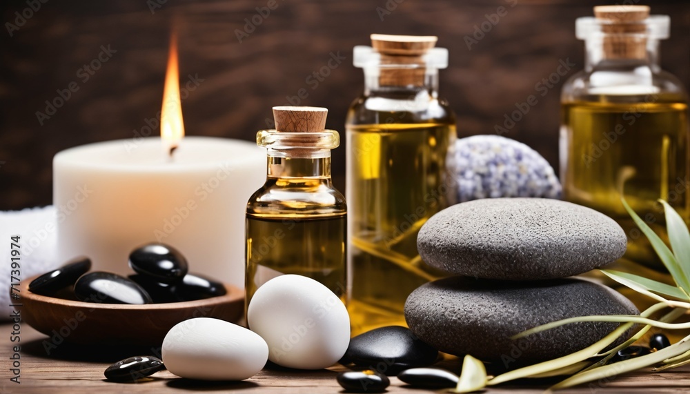 Canvas Prints Wellness treatment accessories on timber table, including therapy stones, organic oils, and marine salt for spa rituals