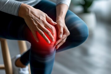 Person holding knee with pain area highlighted in red - obrazy, fototapety, plakaty