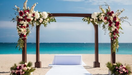 Fototapeta na wymiar Wooden decorative arch with flowers and white walkway on the beach for a wedding