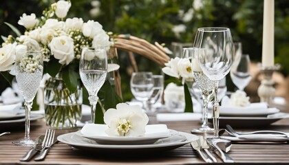 Chic alfresco table setup with pristine white blossoms for dinner parties and special occasions