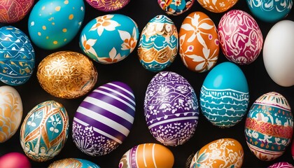 Fototapeta na wymiar Detailed view of multi-colored Easter eggs creating a festive backdrop