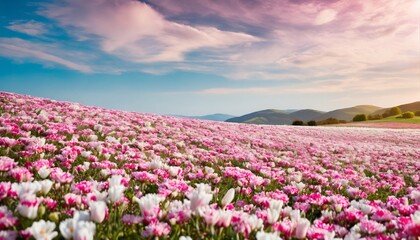 Vast field of pink and white flowers adjacent to a gentle hillside