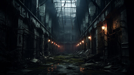 Fototapeta na wymiar abandoned asylum. A chilling scene of an abandoned asylum, with broken windows, flickering lights