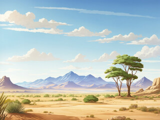 A landscape desert with trees and mountains in the background
