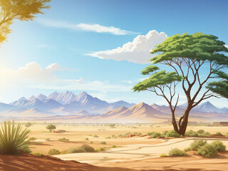 Fototapeta premium A landscape desert with trees and mountains in the background