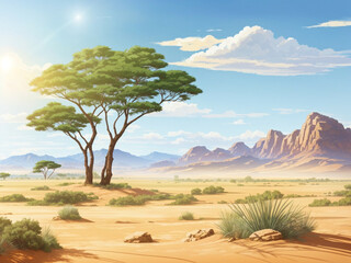 A landscape desert with trees and mountains in the background