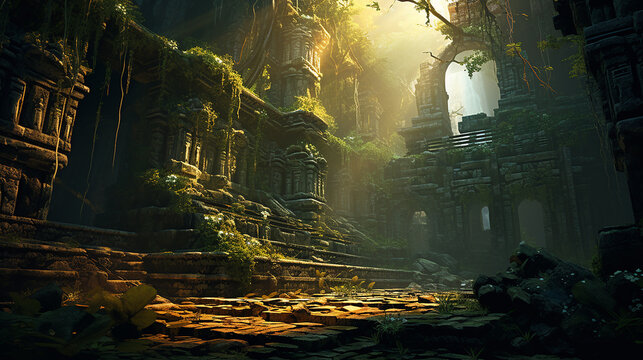 Ancient Ruins with Mythical Beasts: An epic scene of ancient, overgrown ruins in a dense jungle