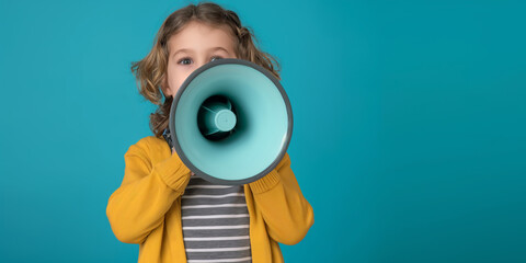 Obraz premium Child holding a megaphone confidently Announce loudly and communicate Convey a powerful message in lively portraits