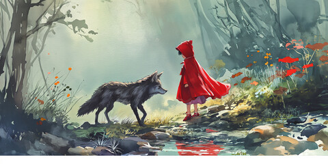 Silhouette of the wolf and Little Red Riding Hood Living in the forest in nature illustration. Watercolor
