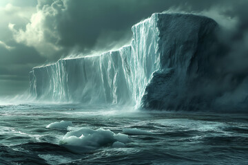 Powerful sea waves crash against the rocky coastline. Melting icebergs, North Pole, global warming, natural disasters