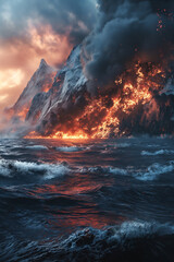 Fototapeta premium Fiery Swiss Sunrise: Majestic Alps, Red Sky, and Ocean Views