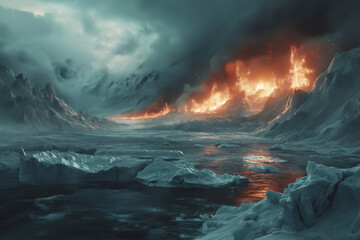 Naklejka premium Fiery Swiss Sunrise: Majestic Alps, Red Sky, and Ocean Views