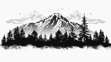 A Black and white mountain range, landscape, tree symbols, stencil vector illustration.