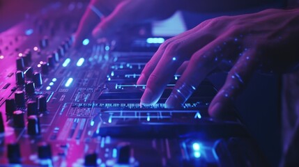 Delve into the intricate world of synthesizers with detailed shots of hands delicately adjusting sliders and modulators to produce bold and dynamic electronic compositions. - Powered by Adobe