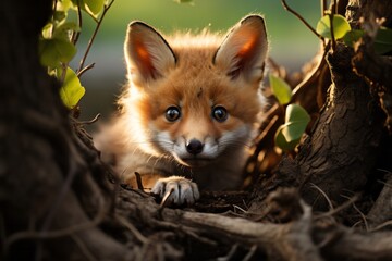 Obraz premium Red fox peeking out from behind tree roots, Generative AI