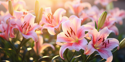 Pink lily flowers on a flowerbed in summer Beautiful blooming lily flowers in garden closeup.AI Generative
