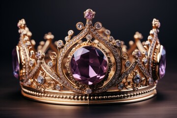 Luxurious Royal Crown in Gold, on isolated Amethyst Purple background, Generative AI
