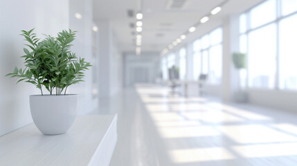 Bright office space with a potted plant in foreground. - obrazy, fototapety, plakaty