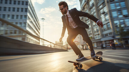 Confident smart businessman in suit riding a skateboard hurrying to his office