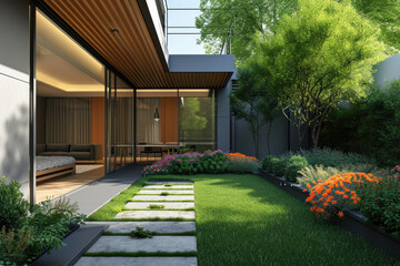 3d rendering of a modern house with sliding doors and a small yard, flowers garden