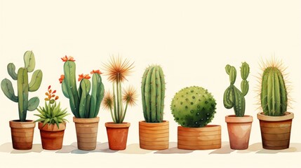 A watercolor style, minimal cartoon illustration of different cactuses, green, craft paper.