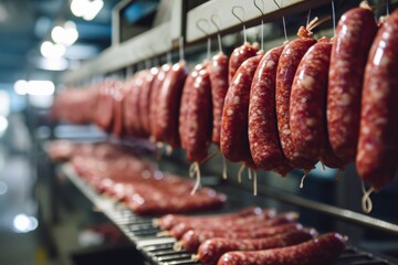 Sausages hanging for drying in a production facility. - obrazy, fototapety, plakaty