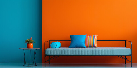 Orange living room and orange wall background light grey sofa and white door.AI Generative