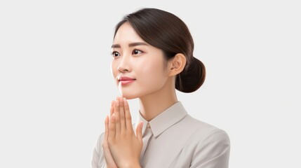 A Portrait of a young Asian woman pleading on a white isolated transparent background.