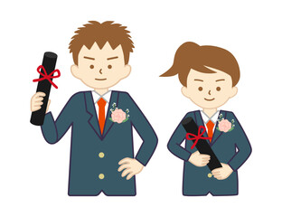 卒業証書を持っている、笑顔の制服姿の男の子と女の子(上半身)