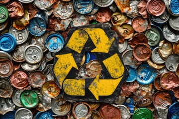 Crushed aluminum cans pile with recycle symbol