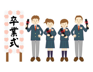 卒業式の看板の前で卒業証書を持ち、笑顔の男の子と女の子４人組