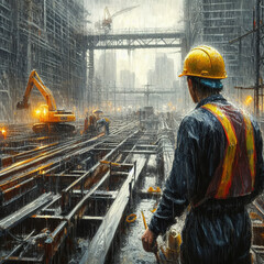A construction worker wearing yellow helmet for safety on construction site rainy scene
