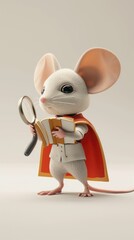 Cartoon digital avatar of a mouse librarian dressed in a superhero costume, with a cape made of book pages and holding a tiny book with a magnifying glass.