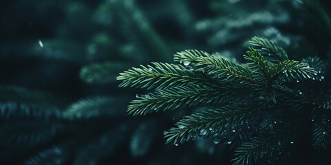 Fototapeta na wymiar Leaves and branches making a green background with a fir tree and soft light.AI Generative