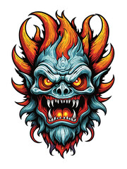 Obraz premium Skull with horns and fire flames isolated on transparent background