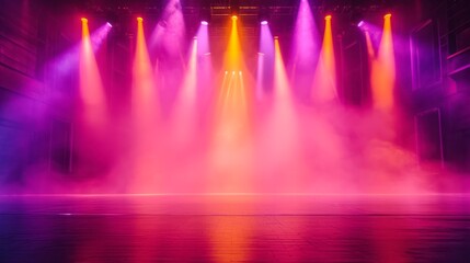 Empty stage with vibrant lighting set for a dramatic performance. Dramatic purple haze and...
