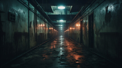 creepy abandoned asylum hallway. A disturbing image of an abandoned asylum's dimly lit hallway - obrazy, fototapety, plakaty