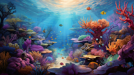 Obraz na płótnie Canvas colorful depiction of a bustling coral reef, showcasing diverse marine life, intricate corals