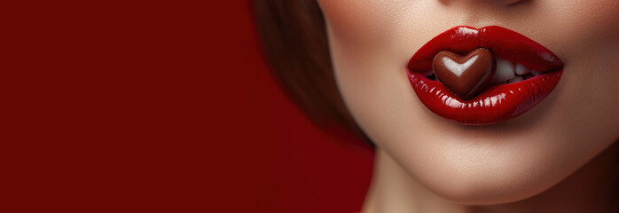 Fototapeta premium Woman with red lips eating heart shaped chocolate, close up short on red background. AI generated