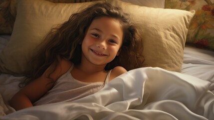 Smiling young girl relaxing in bed. Cute little girl.