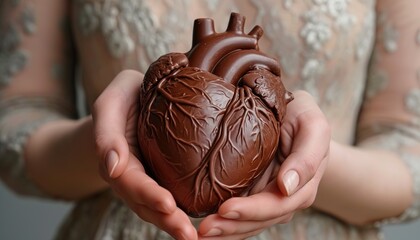 Woman's hands holding human heart shaped chocolate. AI generated - obrazy, fototapety, plakaty