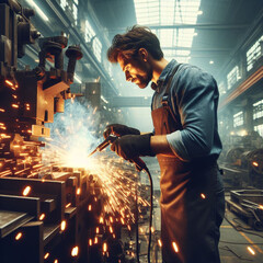 A man working with sparks in a factory industrial manufacturing