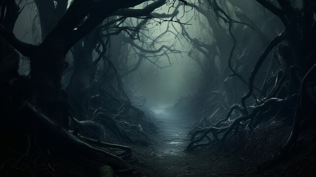 creepy forest path an ominous image of narrow path winding through a creepy, mist-shrouded forest
