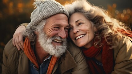 woman man outdoor senior couple happy lifestyle retirement together smiling love old nature mature. Copy space for text.