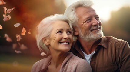 woman man outdoor senior couple happy lifestyle retirement together smiling love old nature mature. Copy space for text.