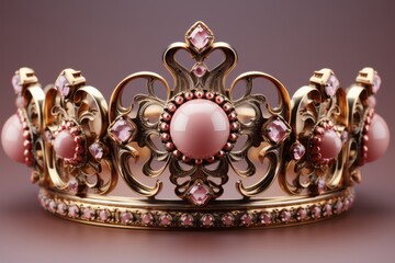 Ornate Gold Crown, on isolated Coral Pink background, Generative AI