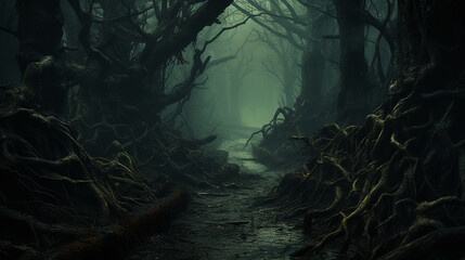 an ominous image of narrow path winding through a creepy with gnarled trees and faint silhouettes