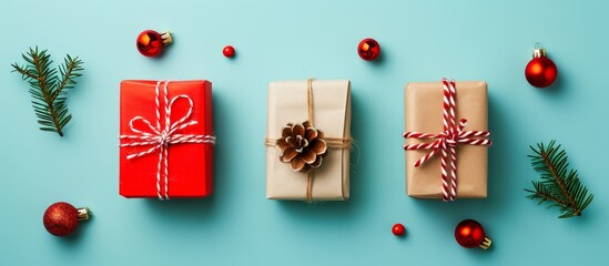 Create holiday gift boxes on colored backdrop, aerial perspective