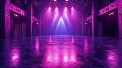 Empty stage with striking purple lighting awaits an evening of performances in a modern setting. Dramatic spotlight and ambient lights casting vibrant hues - obrazy, fototapety, plakaty